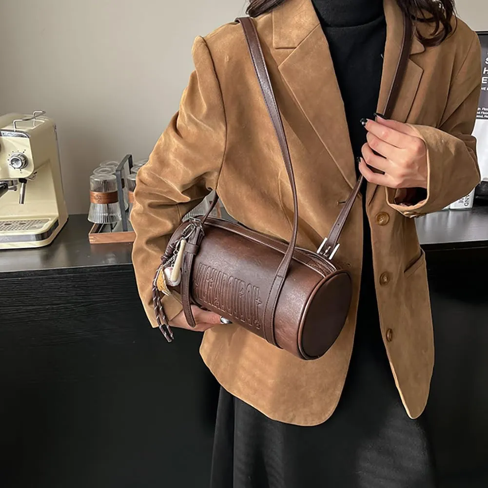 Women Female Cylinder Shaped Bag, PU Leather Pillow Shoulder Purse, Novelty Casual Fashin Circular Underarm Handbag Satchel