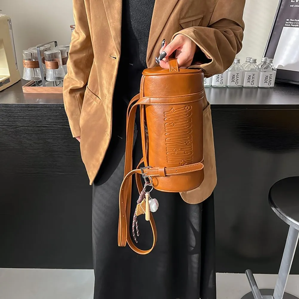 Women Female Cylinder Shaped Bag, PU Leather Pillow Shoulder Purse, Novelty Casual Fashin Circular Underarm Handbag Satchel