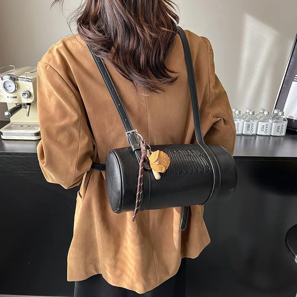 Women Female Cylinder Shaped Bag, PU Leather Pillow Shoulder Purse, Novelty Casual Fashin Circular Underarm Handbag Satchel