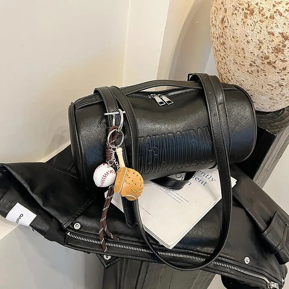 Women Female Cylinder Shaped Bag, PU Leather Pillow Shoulder Purse, Novelty Casual Fashin Circular Underarm Handbag Satchel