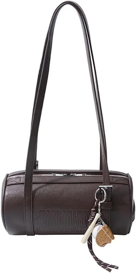 Women Female Cylinder Shaped Bag, PU Leather Pillow Shoulder Purse, Novelty Casual Fashin Circular Underarm Handbag Satchel
