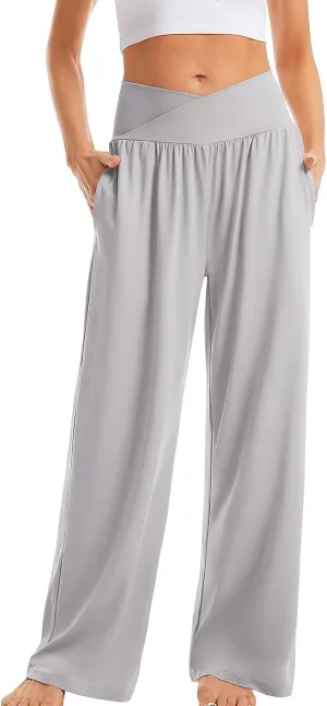 Women High Waist Straight Leg Pants Solid Color Crossed Trousers Casual Loose Sports Pant Slim Stretchy Yoga Pants