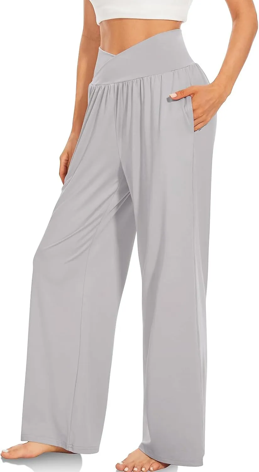 Women High Waist Straight Leg Pants Solid Color Crossed Trousers Casual Loose Sports Pant Slim Stretchy Yoga Pants