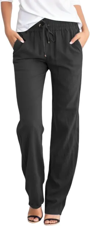 Women Linen Summer Tie Knot Palazzo Pants Low Waist Long Lounge Slim-Fit Palazzo Pants Travel