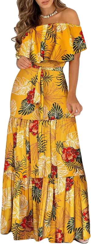 Women Off The Shoulder Ruffles Dress Casual Floral Beach Party Maxi Dresses Summer Printed Loose Cocktail Dress