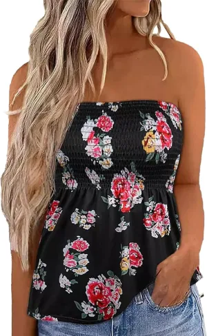 Women Pleated Ruffled Backless Tube Tops Sleeveless Smocked Bandeau Tank Summer Floral Print Strapless Shirts
