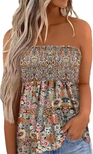 Women Pleated Ruffled Backless Tube Tops Sleeveless Smocked Bandeau Tank Summer Floral Print Strapless Shirts