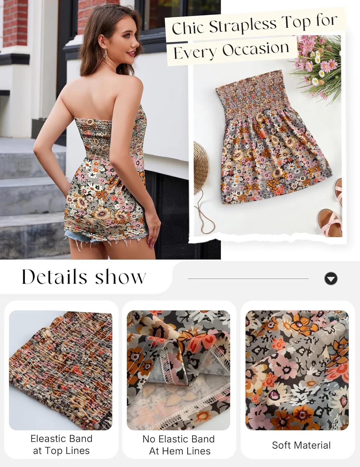 Women Pleated Ruffled Backless Tube Tops Sleeveless Smocked Bandeau Tank Summer Floral Print Strapless Shirts