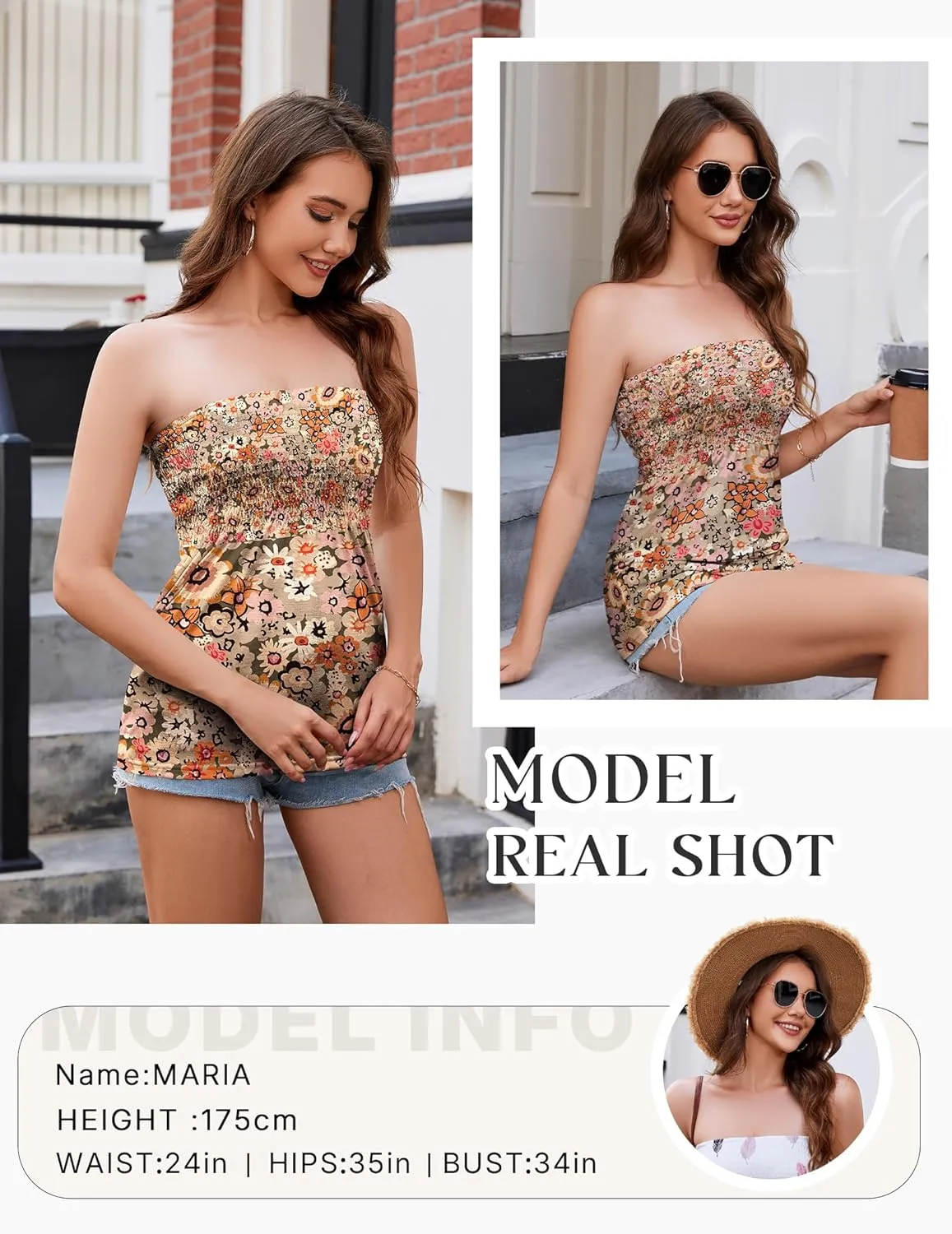 Women Pleated Ruffled Backless Tube Tops Sleeveless Smocked Bandeau Tank Summer Floral Print Strapless Shirts