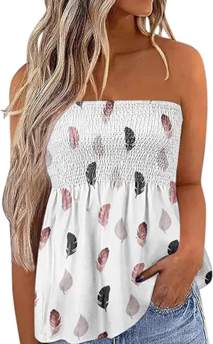 Women Pleated Ruffled Backless Tube Tops Sleeveless Smocked Bandeau Tank Summer Floral Print Strapless Shirts