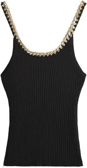 Women Ribbed Knit Tank Tops V Neck Thin Straps Camisole