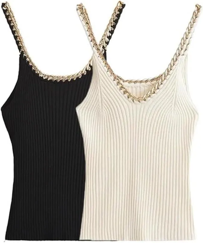 Women Ribbed Knit Tank Tops V Neck Thin Straps Camisole