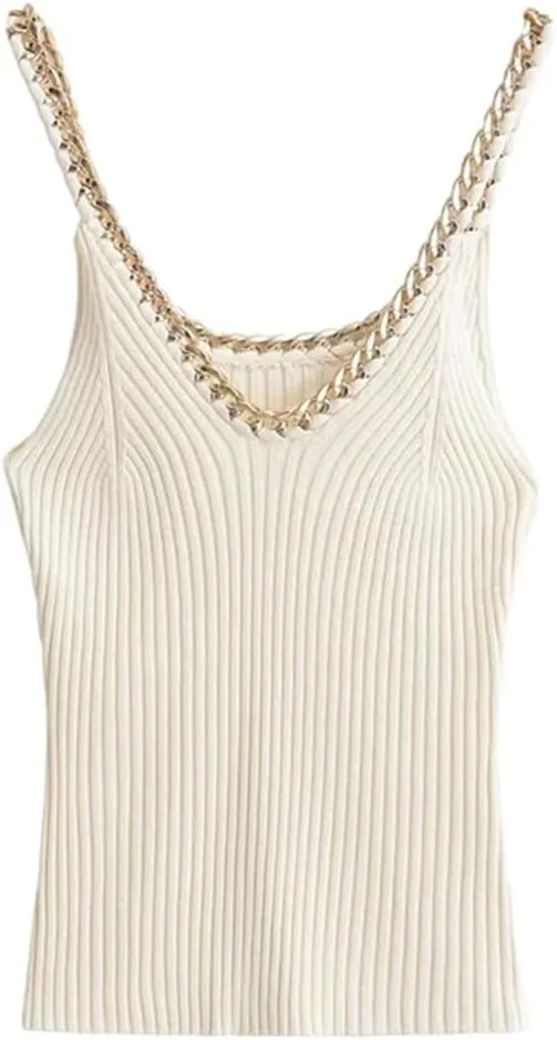 Women Ribbed Knit Tank Tops V Neck Thin Straps Camisole