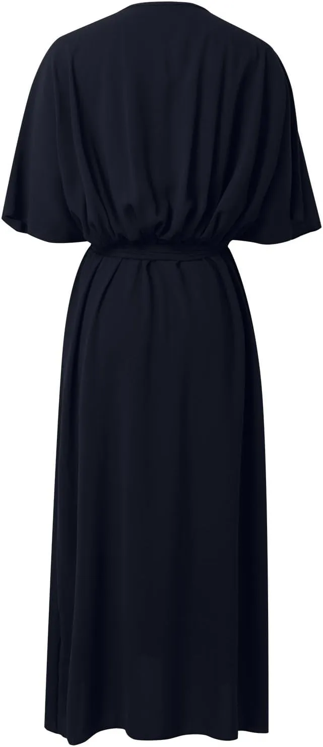 Women Summer Bohemian Casual Wrap V Neck Ruffle Cap Short Sleeve Belt A Line Pleated Hem Midi Sun Dress Midi