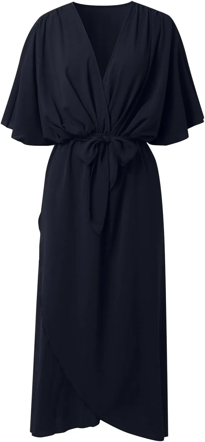 Women Summer Bohemian Casual Wrap V Neck Ruffle Cap Short Sleeve Belt A Line Pleated Hem Midi Sun Dress Midi