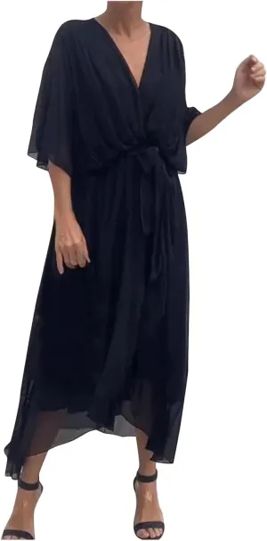 Women Summer Bohemian Casual Wrap V Neck Ruffle Cap Short Sleeve Belt A Line Pleated Hem Midi Sun Dress Midi