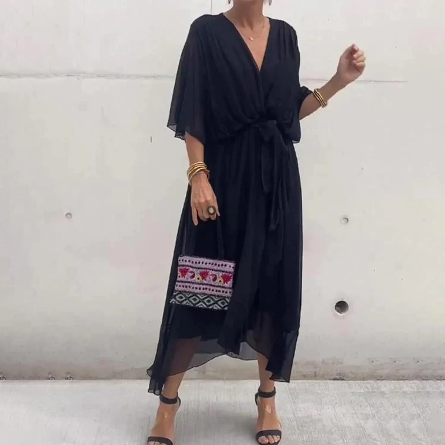 Women Summer Bohemian Casual Wrap V Neck Ruffle Cap Short Sleeve Belt A Line Pleated Hem Midi Sun Dress Midi