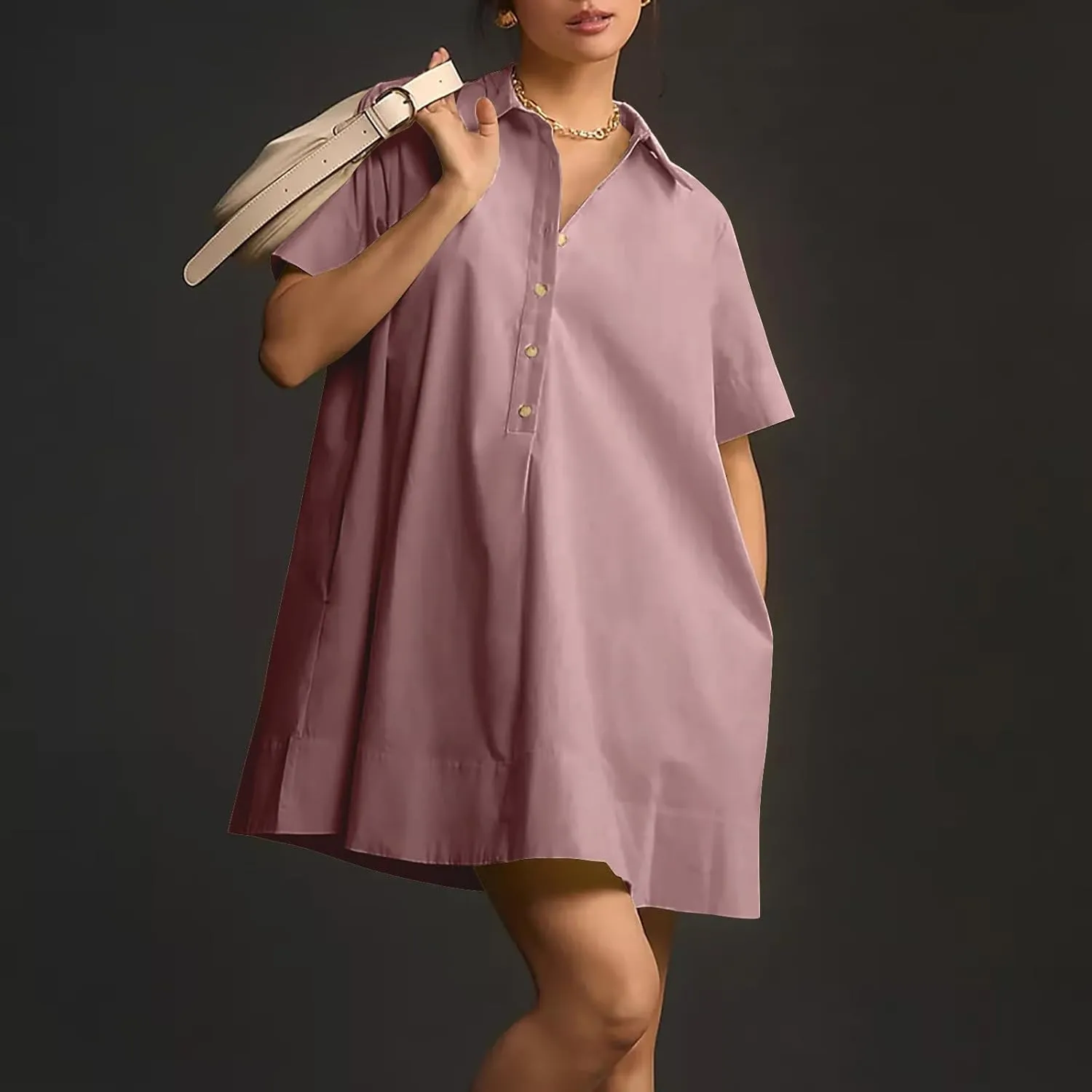 Women Summer Dress Short Sleeve Button Flowy Tunic Dress with Pockets Casual Swing Shirt Dresses A Line Mini Dress