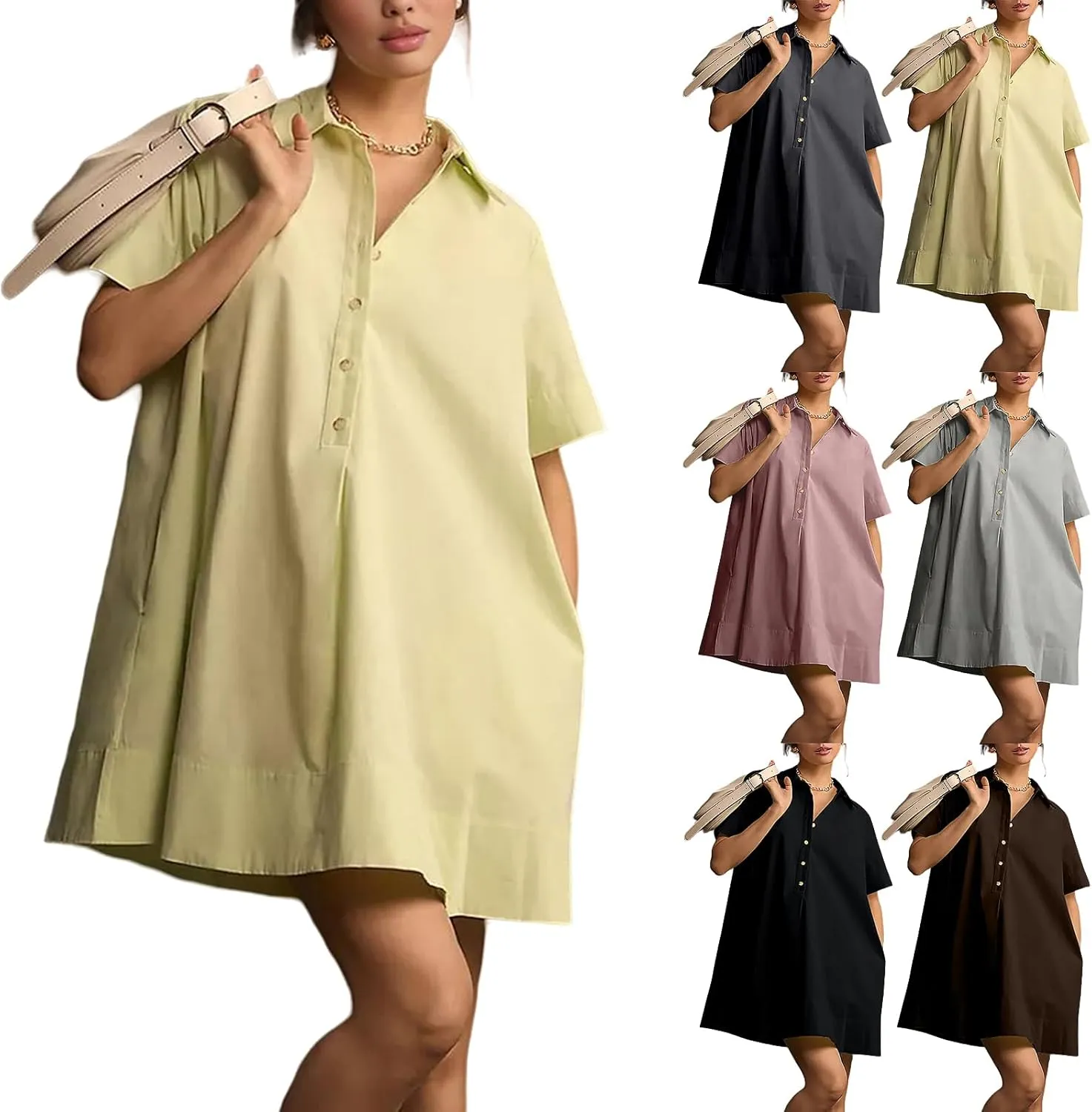 Women Summer Dress Short Sleeve Button Flowy Tunic Dress with Pockets Casual Swing Shirt Dresses A Line Mini Dress