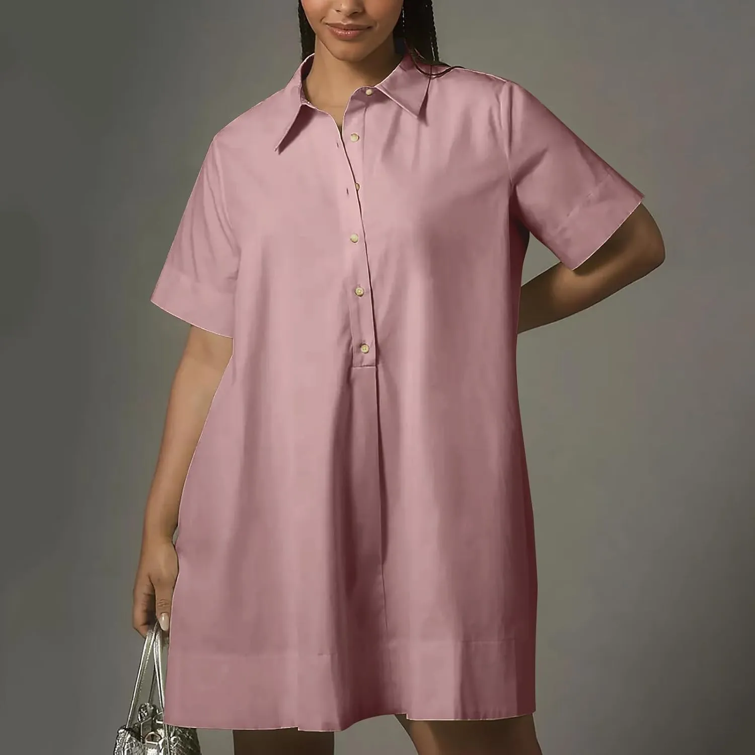 Women Summer Dress Short Sleeve Button Flowy Tunic Dress with Pockets Casual Swing Shirt Dresses A Line Mini Dress