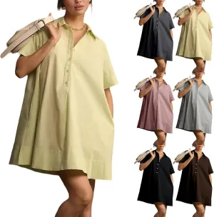 Women Summer Dress Short Sleeve Button Flowy Tunic Dress with Pockets Casual Swing Shirt Dresses A Line Mini Dress
