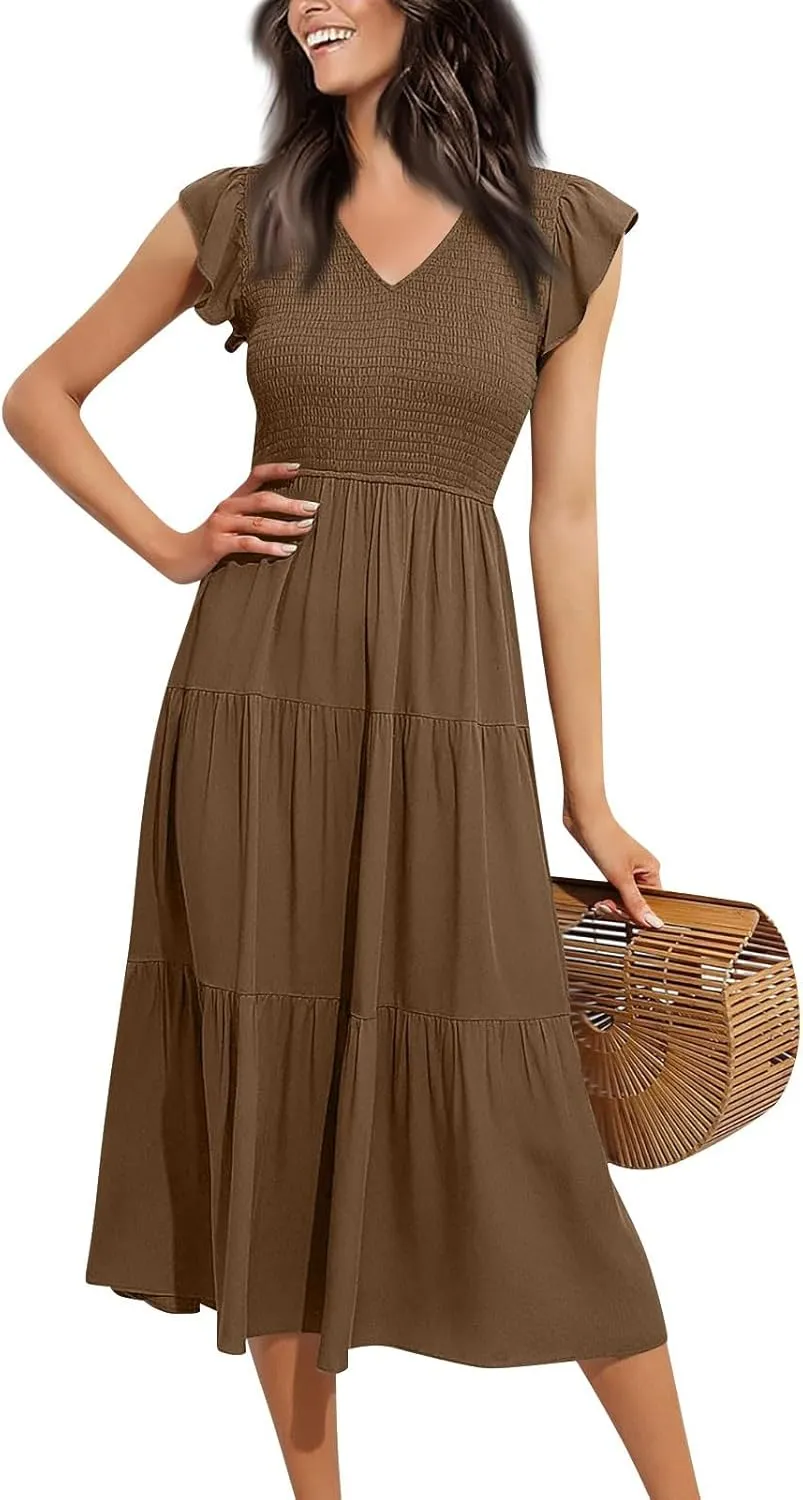 Women Summer Dresses 2025 V-Neck Cap Short Sleeve Smocked Midi Dress Ruffle Tiered Layered Cocktail Party Dresses