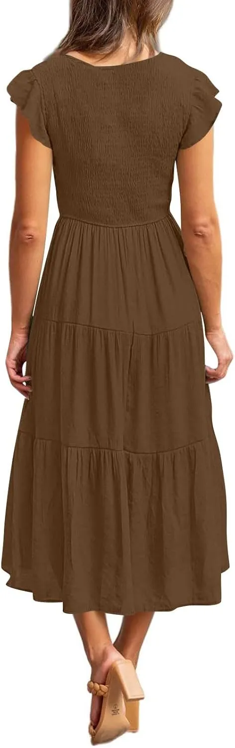 Women Summer Dresses 2025 V-Neck Cap Short Sleeve Smocked Midi Dress Ruffle Tiered Layered Cocktail Party Dresses