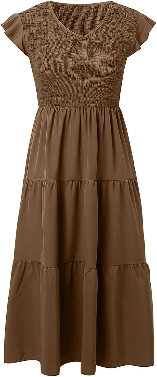 Women Summer Dresses 2025 V-Neck Cap Short Sleeve Smocked Midi Dress Ruffle Tiered Layered Cocktail Party Dresses