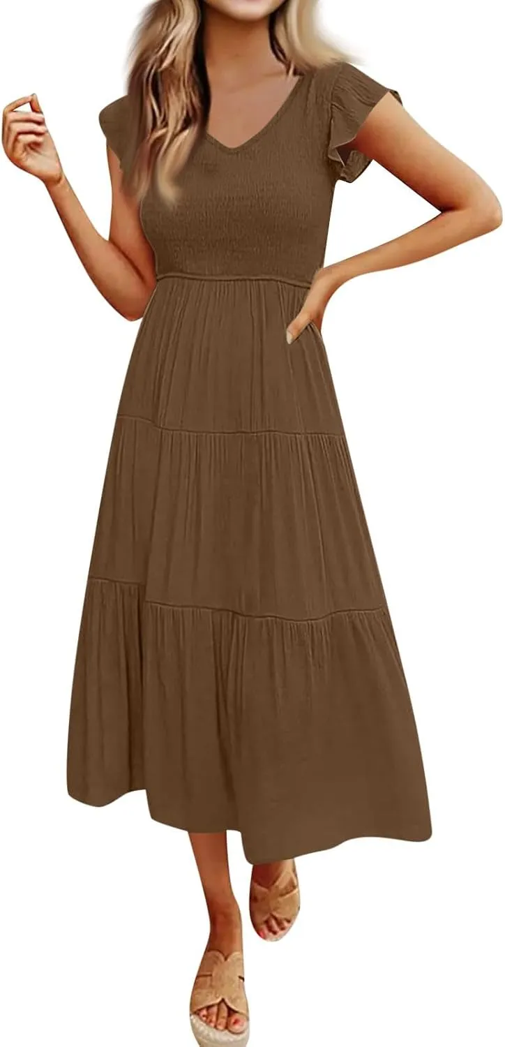 Women Summer Dresses 2025 V-Neck Cap Short Sleeve Smocked Midi Dress Ruffle Tiered Layered Cocktail Party Dresses