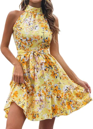 Women Summer Dresses Beach Boho Floral Sleeveless Swing Mini Dress Casual Ruffle Floral Dress Short Crushed Dress