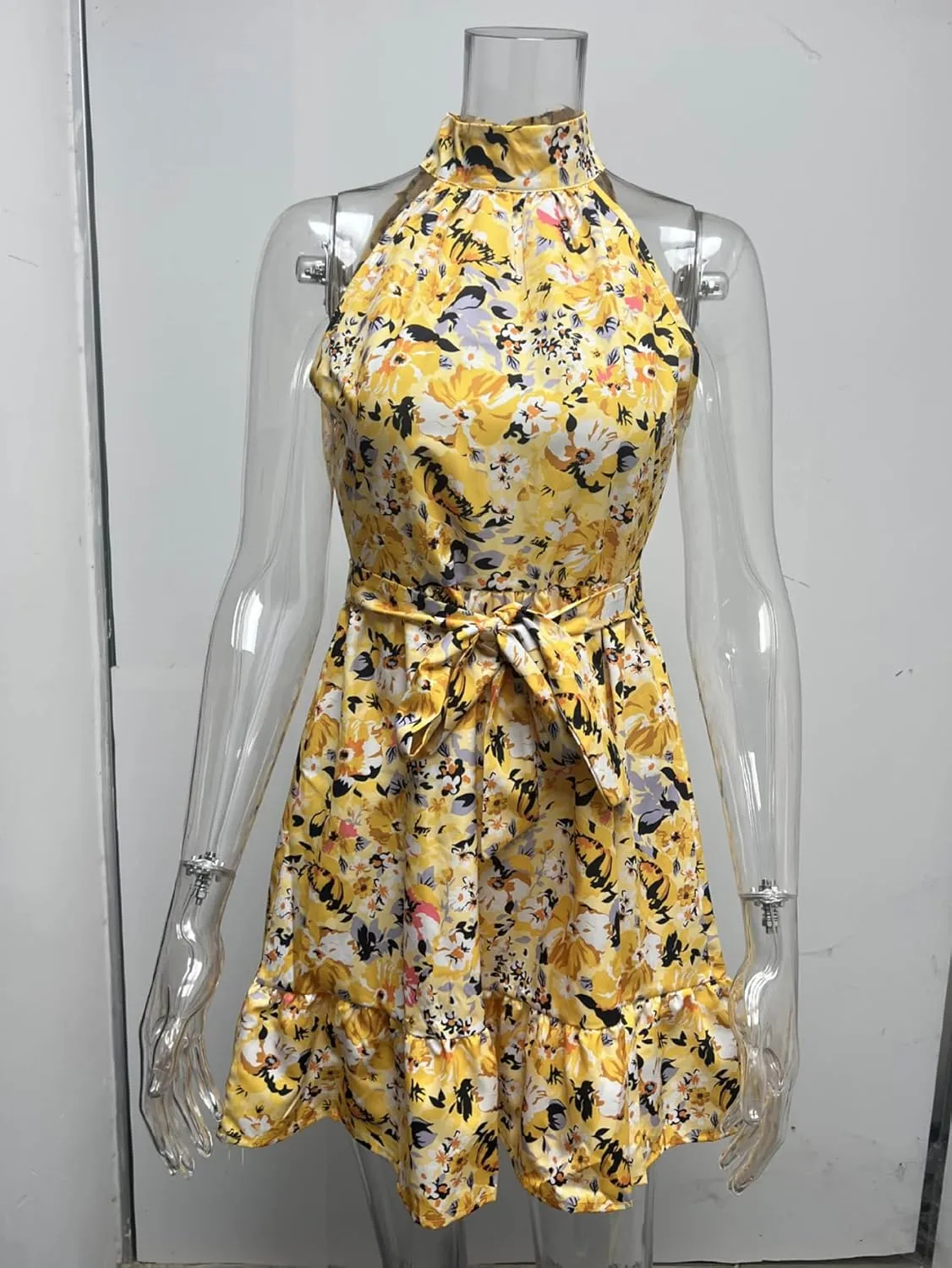 Women Summer Dresses Beach Boho Floral Sleeveless Swing Mini Dress Casual Ruffle Floral Dress Short Crushed Dress