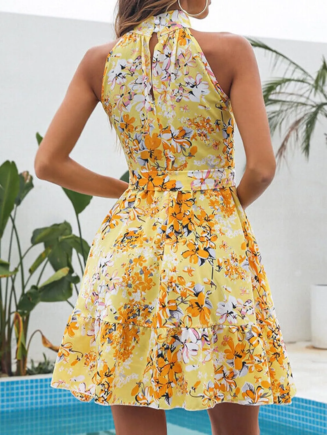 Women Summer Dresses Beach Boho Floral Sleeveless Swing Mini Dress Casual Ruffle Floral Dress Short Crushed Dress