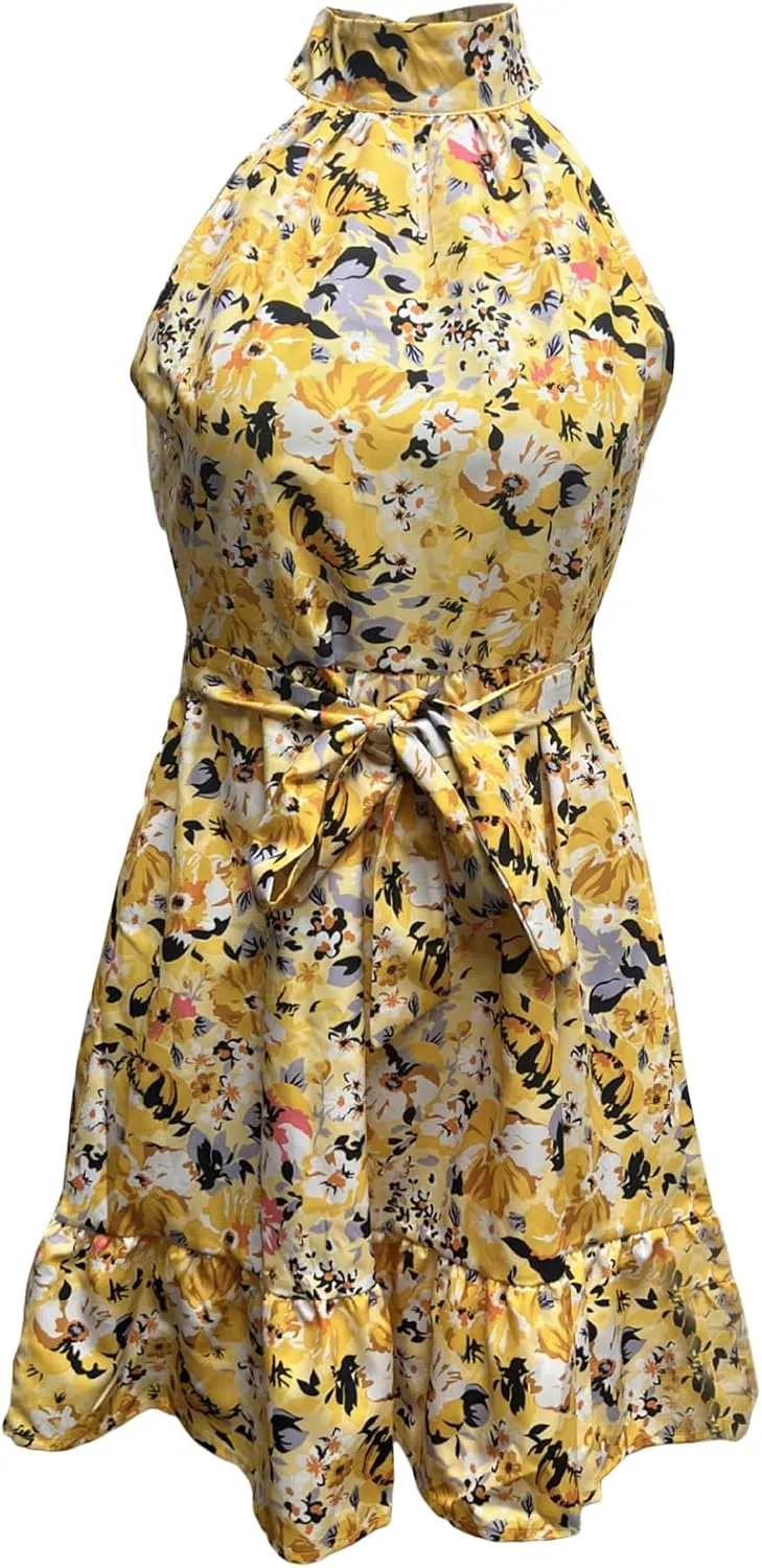 Women Summer Dresses Beach Boho Floral Sleeveless Swing Mini Dress Casual Ruffle Floral Dress Short Crushed Dress