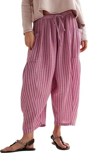 Women Summer Striped Harem Pants Casual Baggy Wide Leg Tapered Trousers Drawstring Waist Palazzo Pants with Pockets