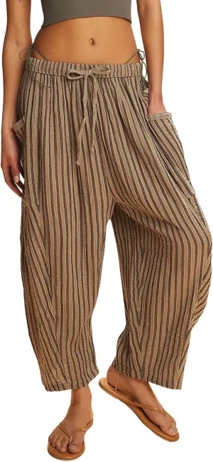Women Summer Striped Harem Pants Casual Baggy Wide Leg Tapered Trousers Drawstring Waist Palazzo Pants with Pockets