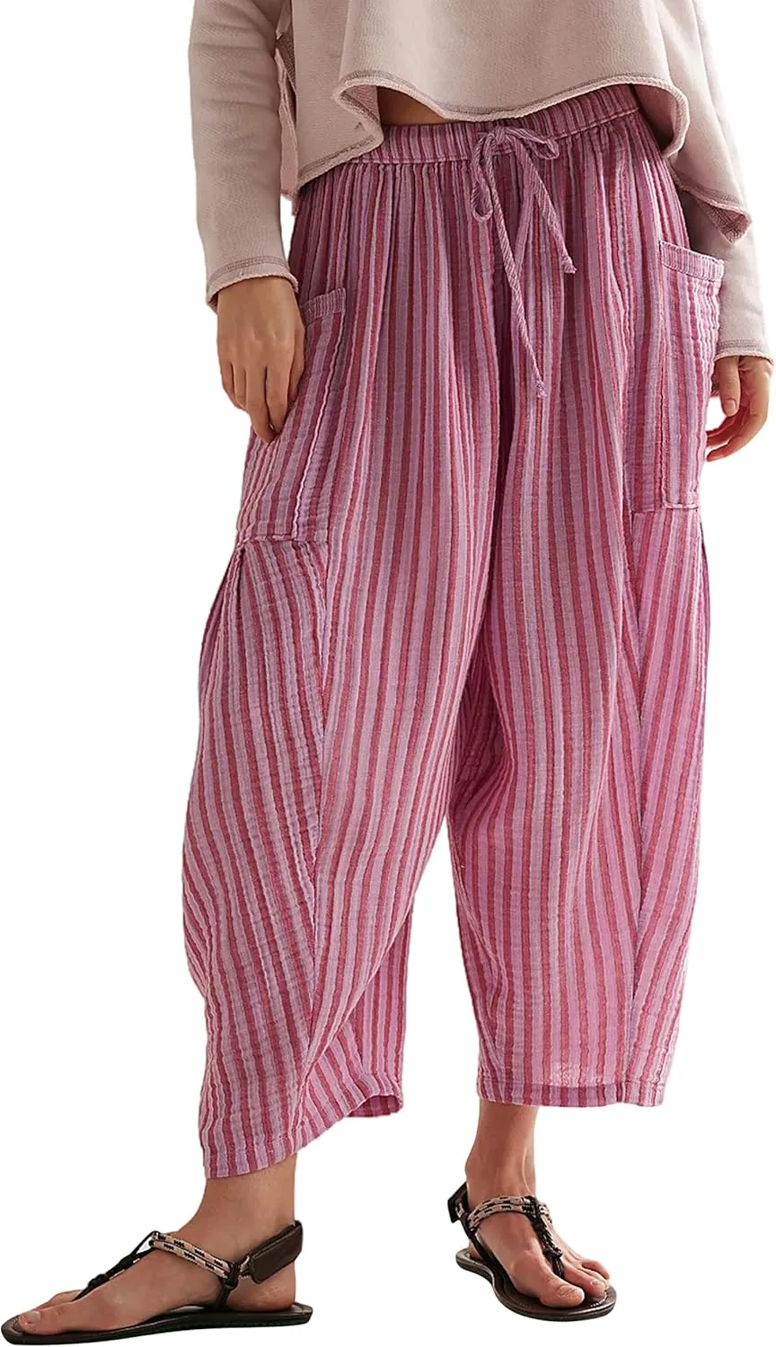 Women Summer Striped Harem Pants Casual Baggy Wide Leg Tapered Trousers Drawstring Waist Palazzo Pants with Pockets