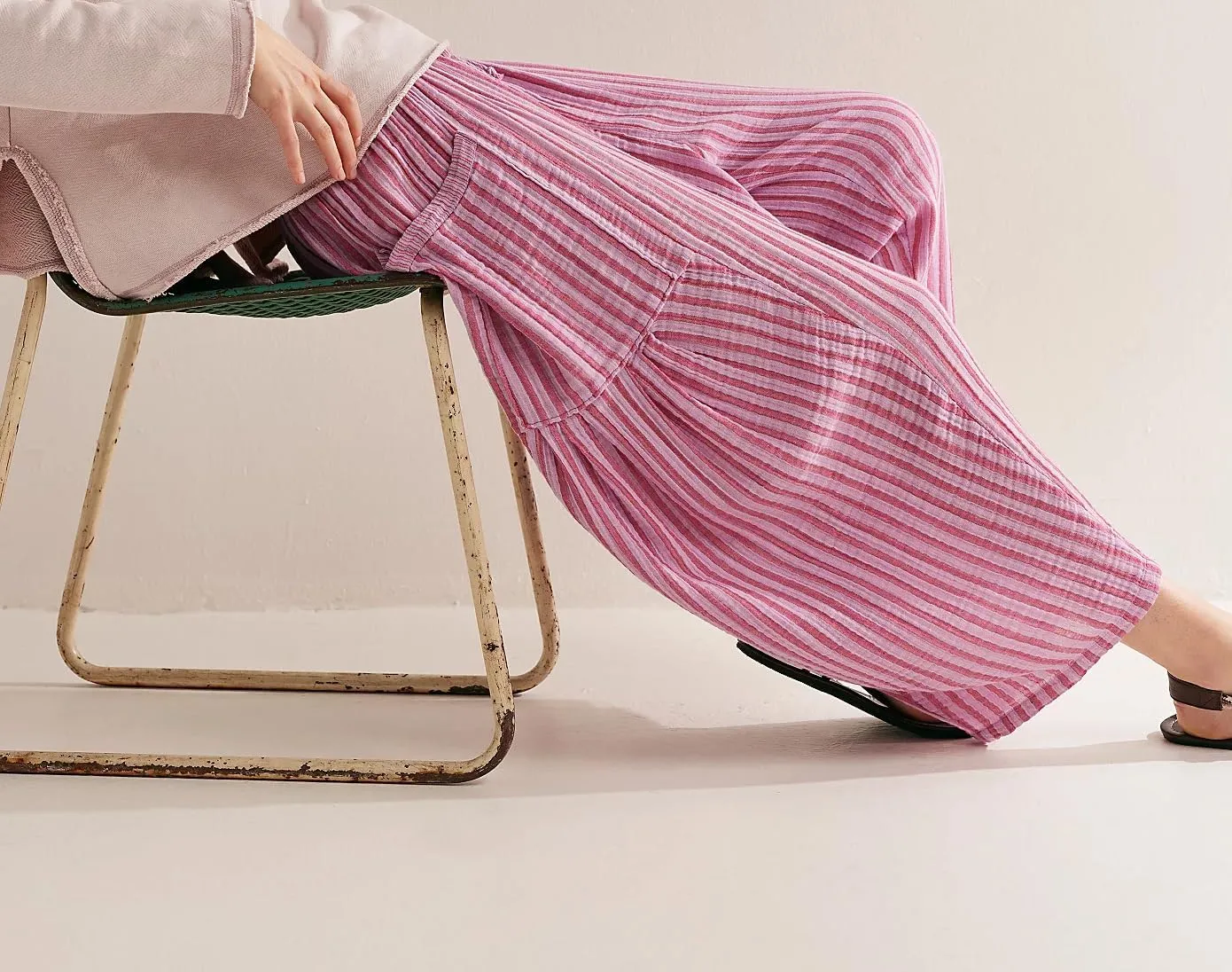 Women Summer Striped Harem Pants Casual Baggy Wide Leg Tapered Trousers Drawstring Waist Palazzo Pants with Pockets