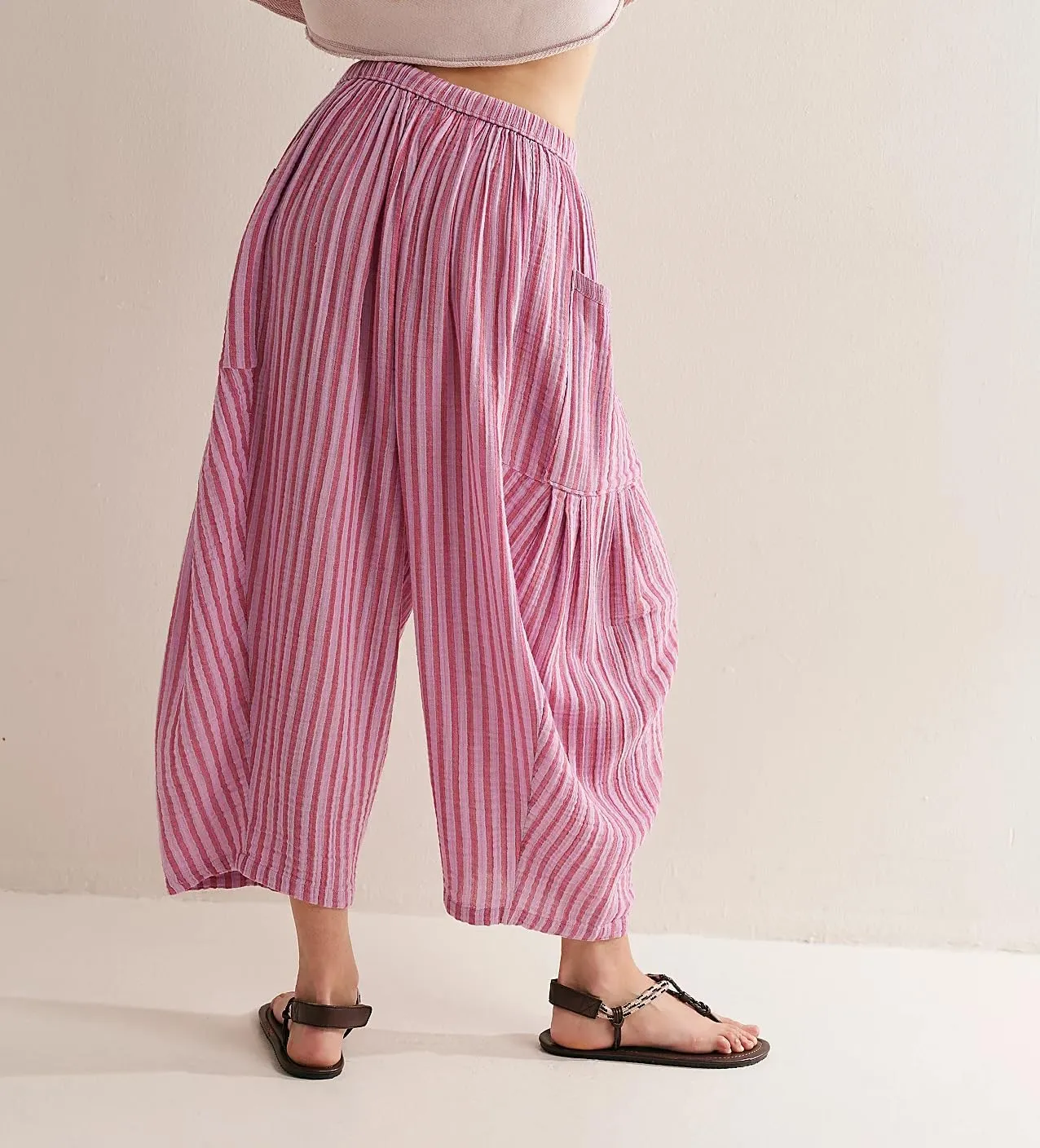 Women Summer Striped Harem Pants Casual Baggy Wide Leg Tapered Trousers Drawstring Waist Palazzo Pants with Pockets