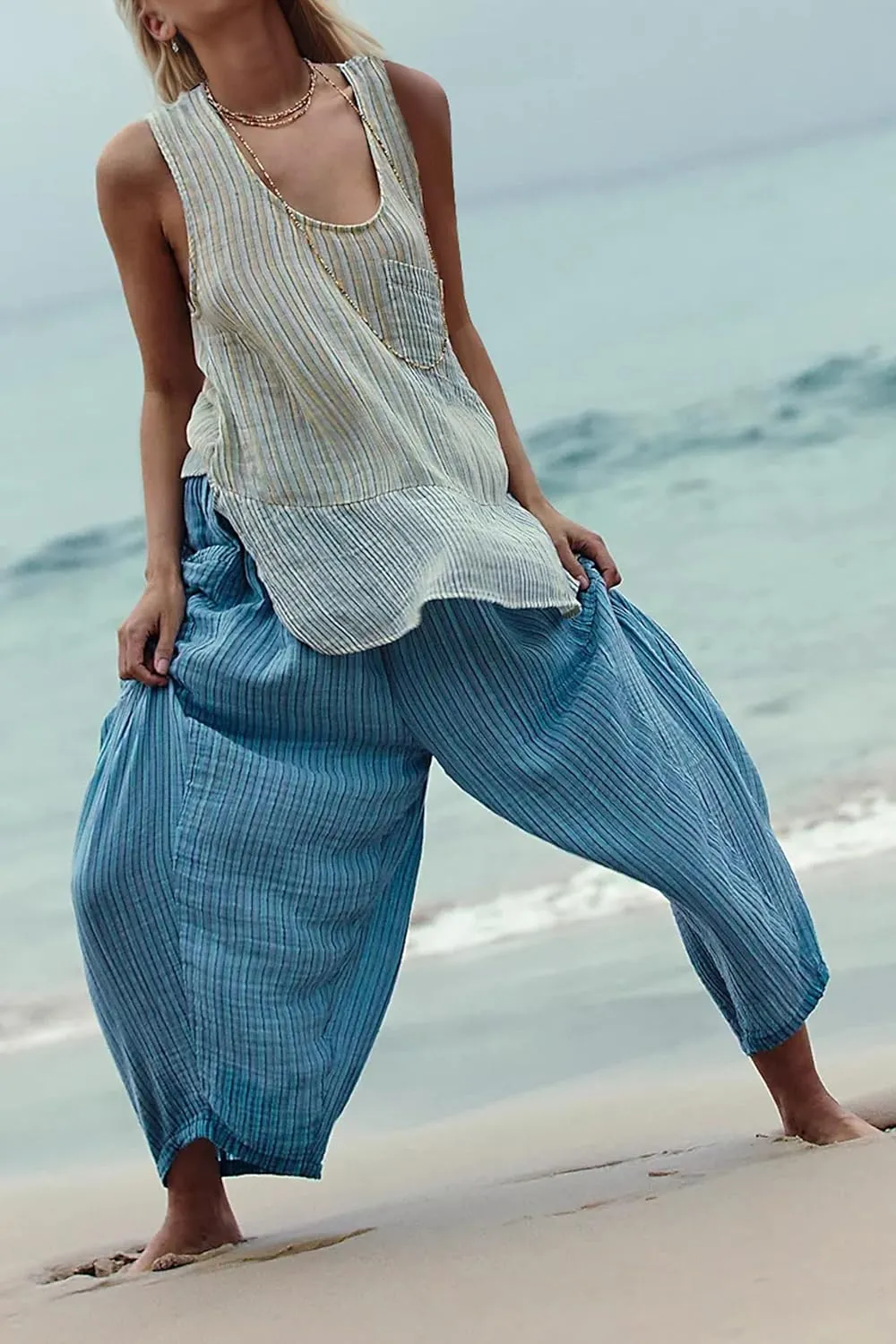Women Summer Striped Harem Pants Casual Baggy Wide Leg Tapered Trousers Drawstring Waist Palazzo Pants with Pockets