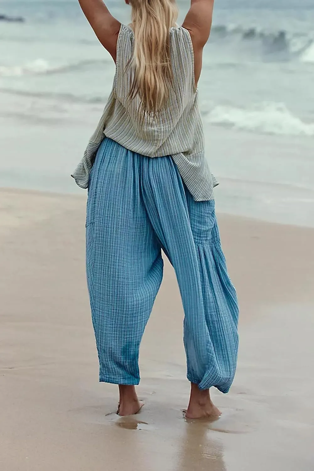 Women Summer Striped Harem Pants Casual Baggy Wide Leg Tapered Trousers Drawstring Waist Palazzo Pants with Pockets