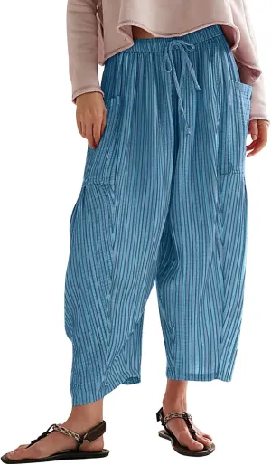 Women Summer Striped Harem Pants Casual Baggy Wide Leg Tapered Trousers Drawstring Waist Palazzo Pants with Pockets