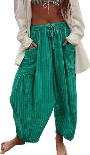 Women Summer Striped Harem Pants Casual Baggy Wide Leg Tapered Trousers Drawstring Waist Palazzo Pants with Pockets