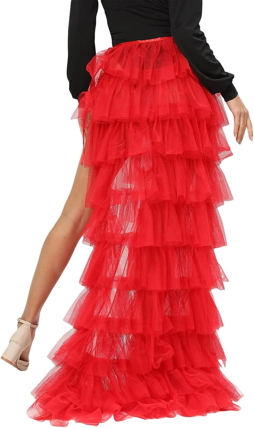 Women Tulle Tutu Long Skirts Wedding Party Cocktail Prom Bandage Mesh Overskirt Ruffled Steampunk Tie-on Bustle Skirt