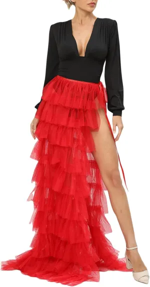Women Tulle Tutu Long Skirts Wedding Party Cocktail Prom Bandage Mesh Overskirt Ruffled Steampunk Tie-on Bustle Skirt