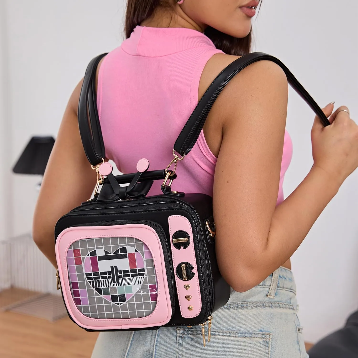 Women TV Shape Ita Bag Pink Television Shoulder Bag Design Ita Backpack Unique female Clear Window Anime Pins Display Crossbody Bag