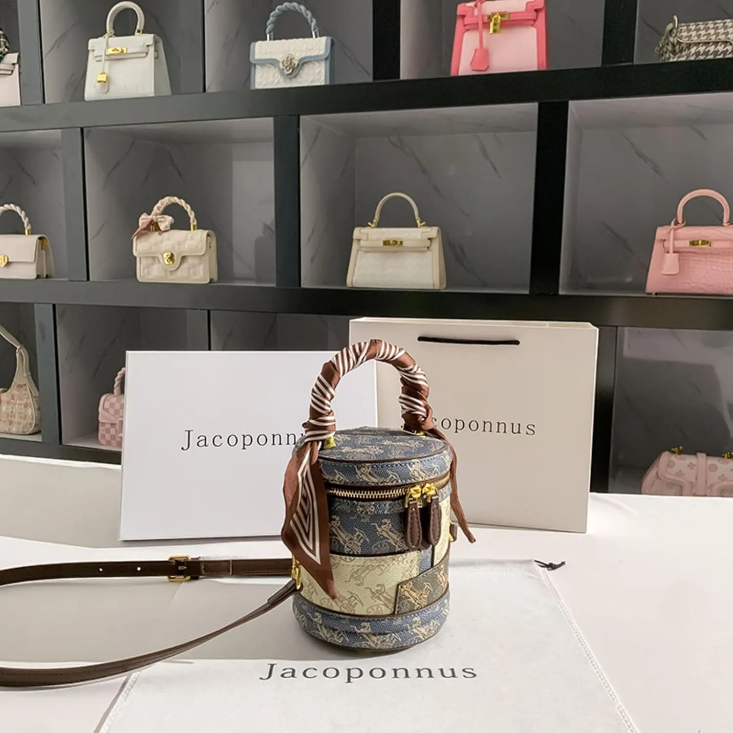 Women Vintage Bucket Handbag Crossbody Shoulder Bag with Double Metal Zipper Cylinder Bag Women 2024 Round Bucket Bag 818