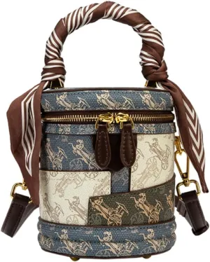 Women Vintage Bucket Handbag Crossbody Shoulder Bag with Double Metal Zipper Cylinder Bag Women 2024 Round Bucket Bag 818