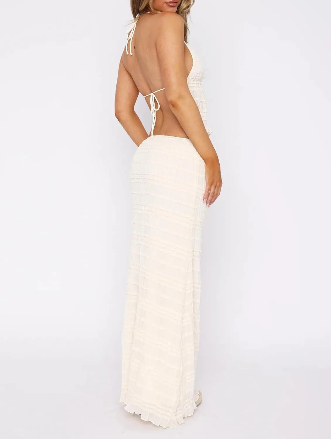 Women Y2k 2 Piece Skirt Sets Tie Front Cami Top and Ruffle Flowy Maxi Skirt Set Vacation Beachwear Outfits