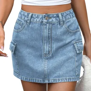 Women Y2K Denim Cargo Mini Skirt High Waisted Stretchy Bodycon with Multi-Pockets Solid Color Trendy Streetwear for Summer
