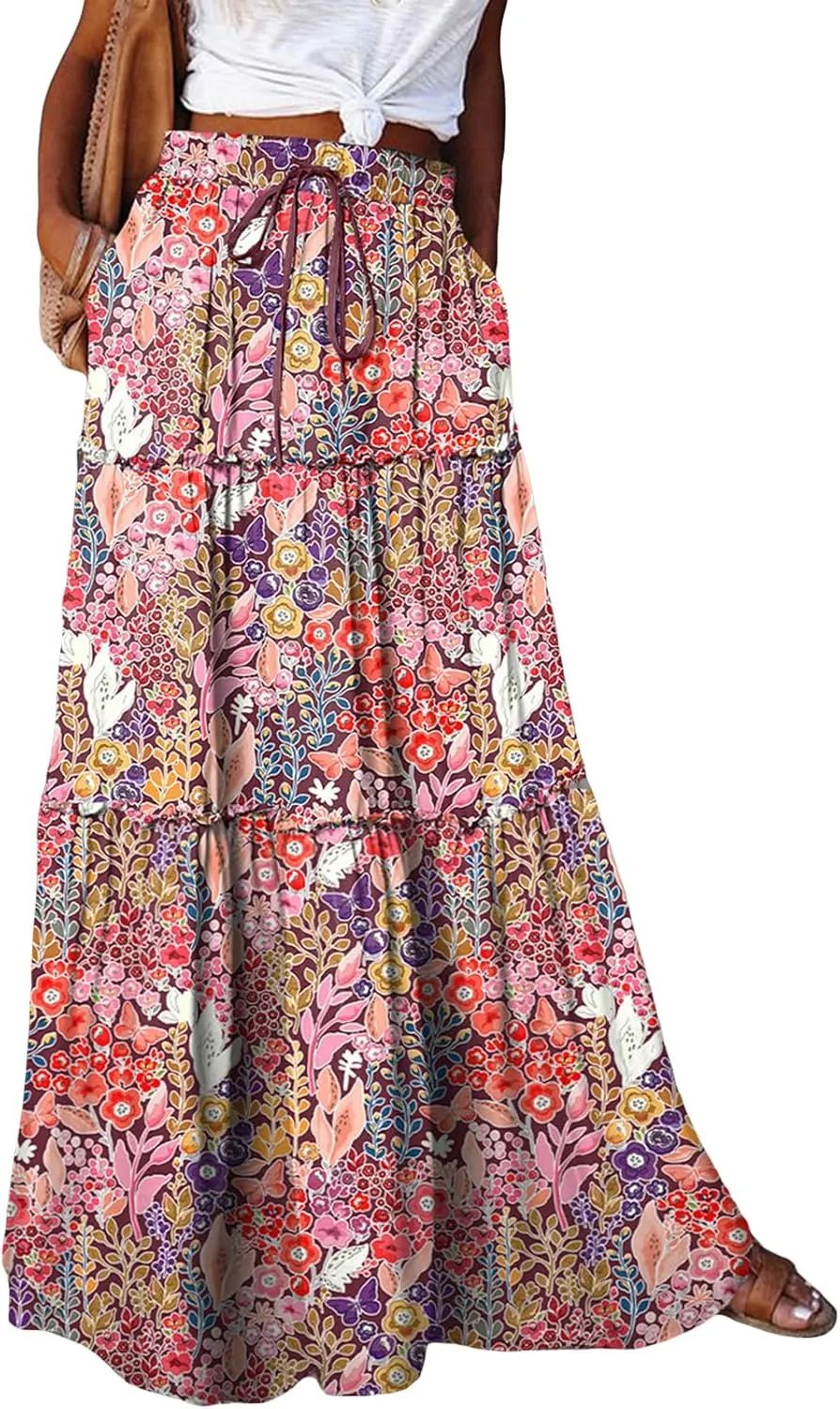 Women Y2k Denim Maxi Skirt Elastic Waist Button Pleated Tiered Flowy Long Swing Skirts Retro Chambray Jean Skirt